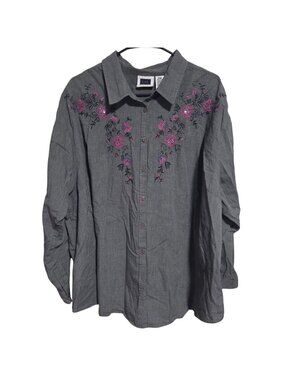 Vintage CST Sport Button Up Shirt Womens Plus Size 28W Embroidered Floral Gray